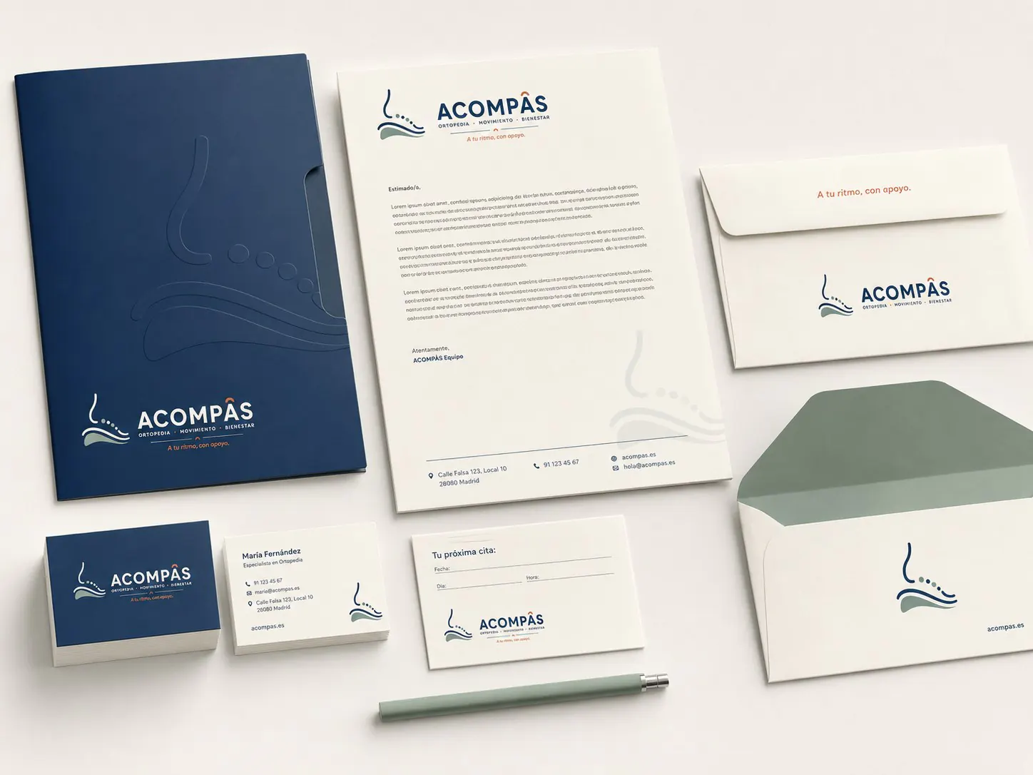 Acompàs corporate stationery, letters, cards and envelopes