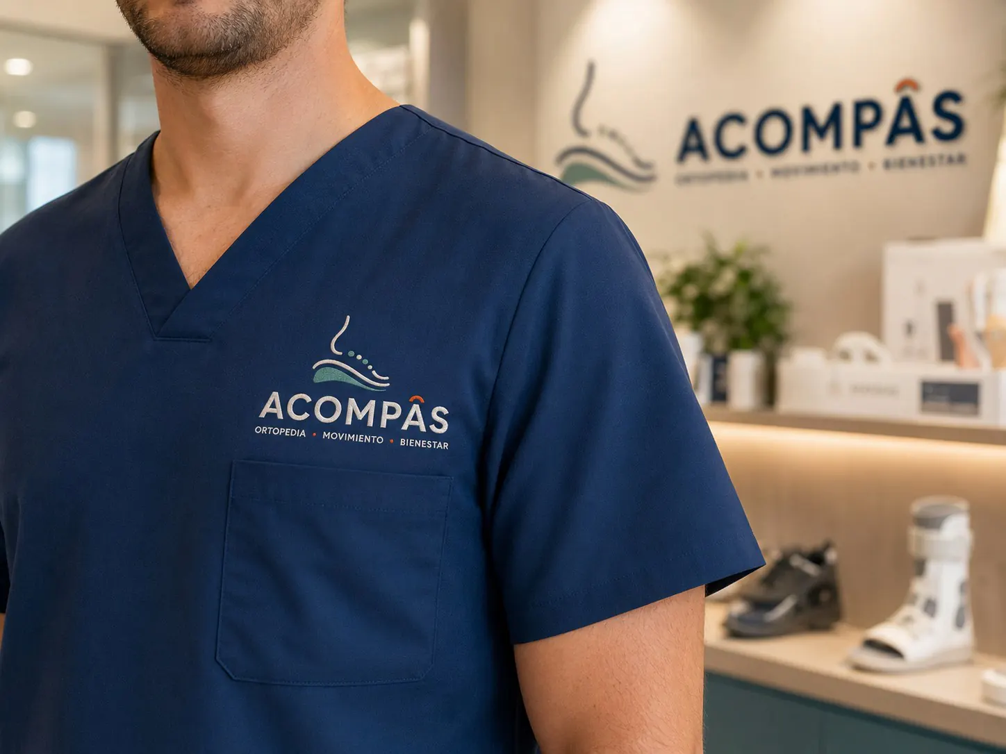 Blue healthcare uniform featuring the Acompàs brand