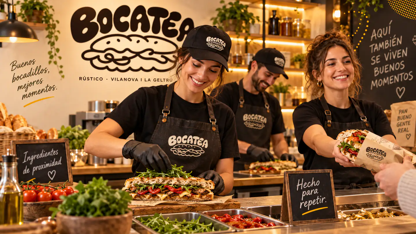 The Bocatea team preparing and serving sandwiches in branded uniforms