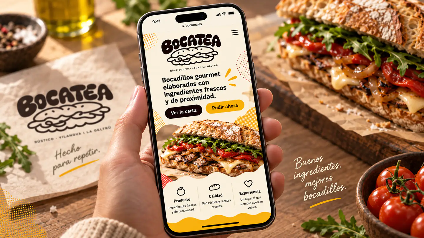 Bocatea mobile web design shown alongside one of its sandwiches
