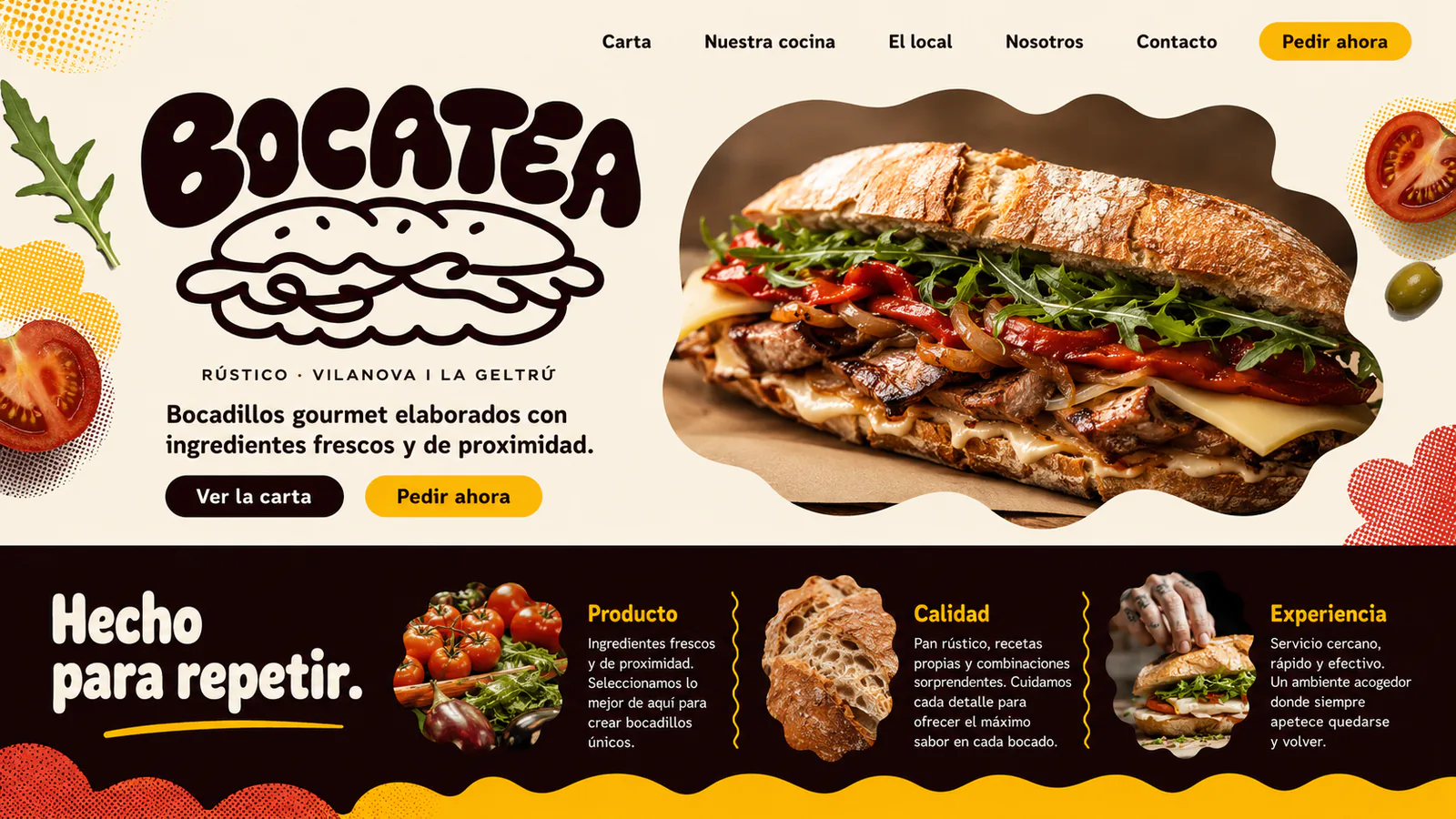 Bocatea website featuring gourmet sandwiches and locally sourced ingredients