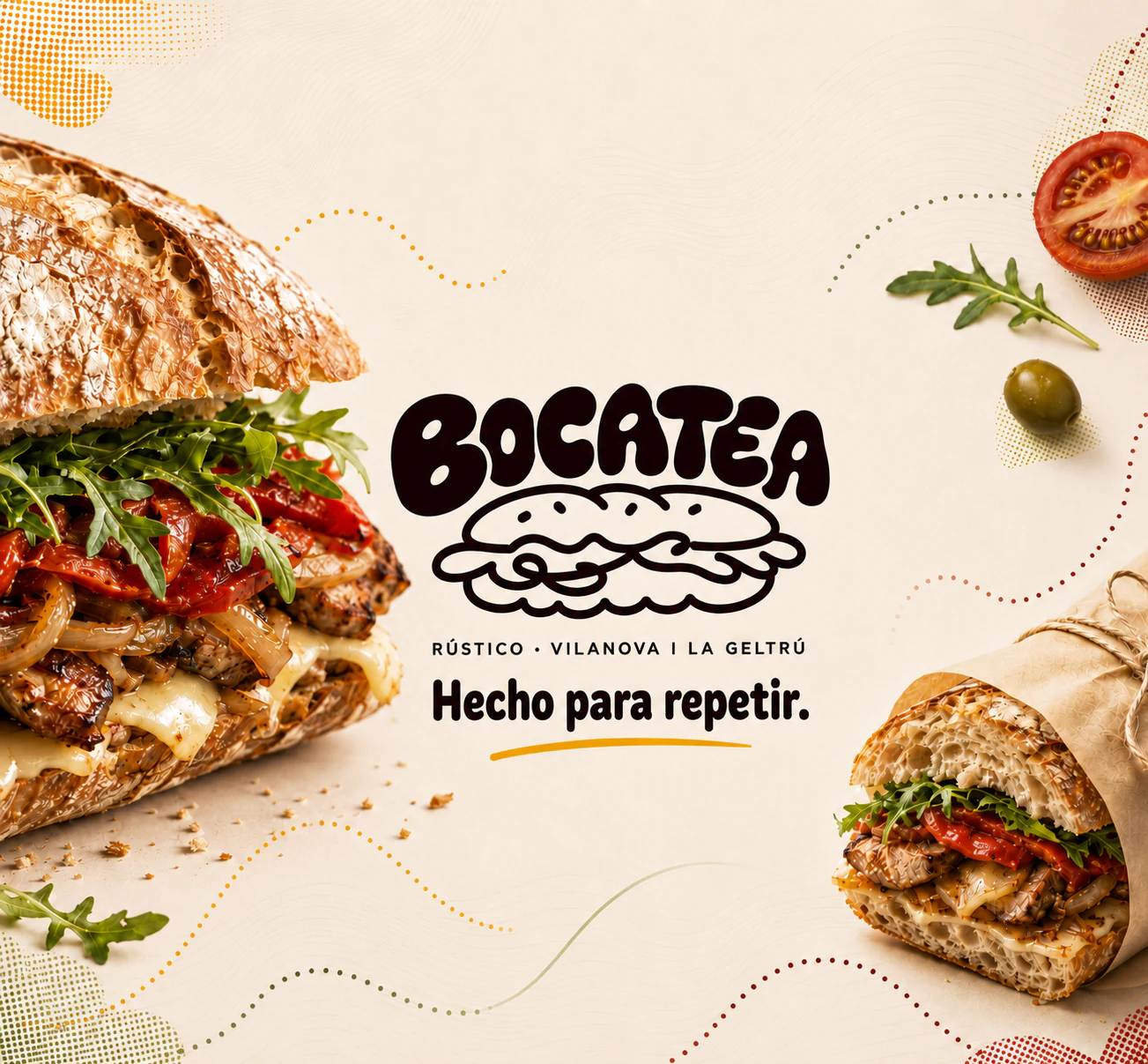 Bocatea visual identity with sandwiches and brand elements