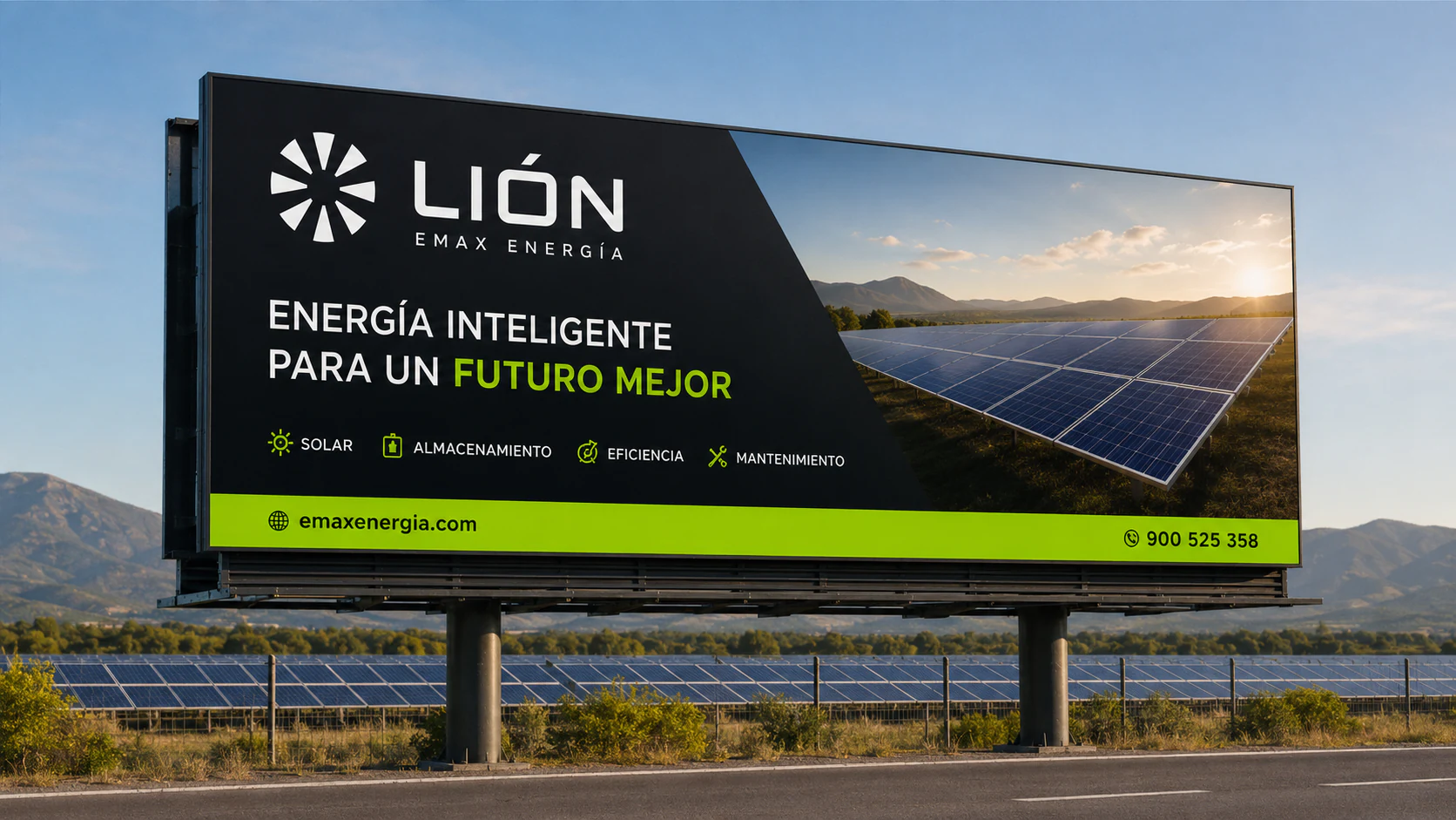 Lión Emax Energía billboard beside a solar installation