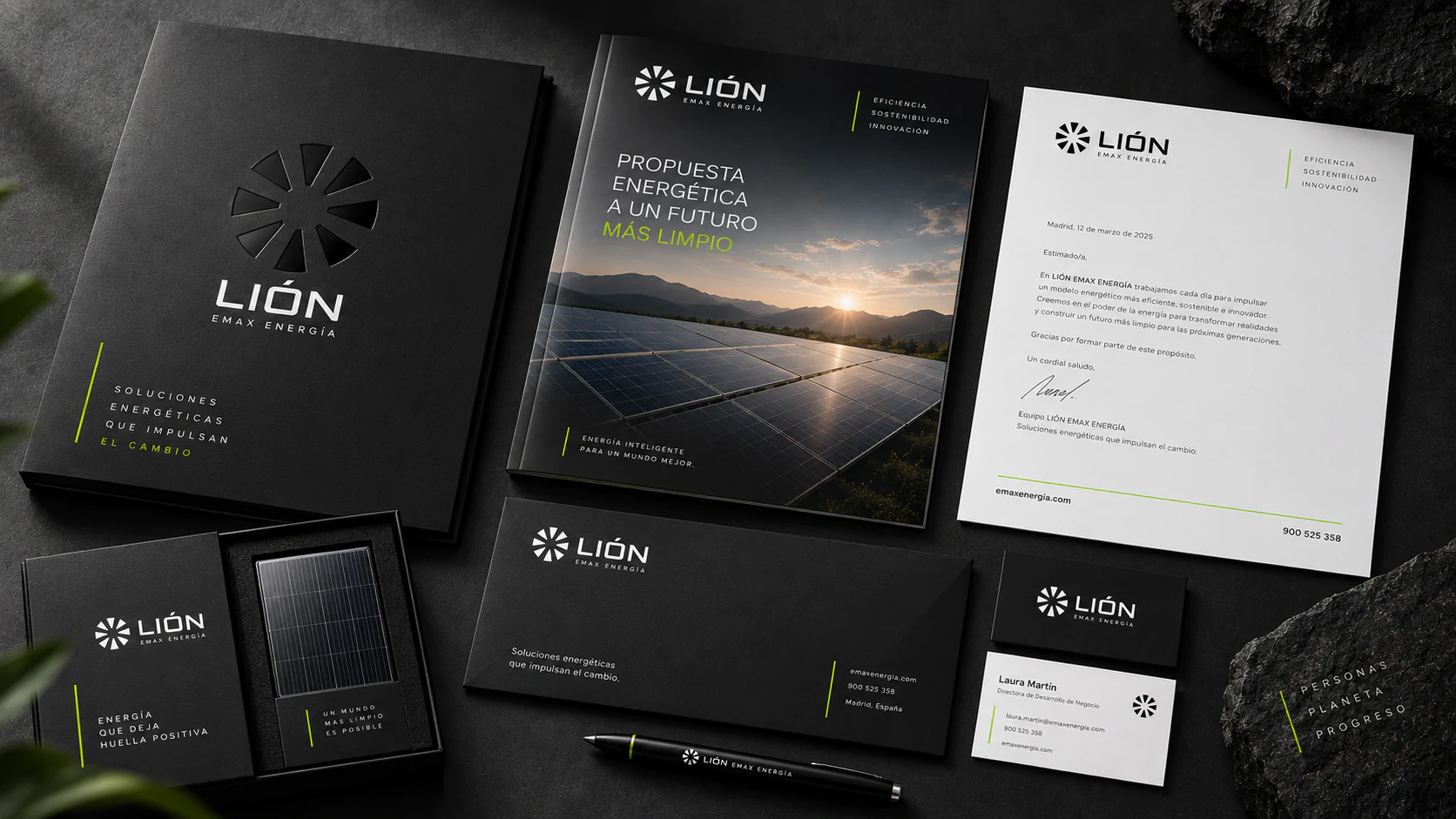 Lión Emax Energía corporate stationery system