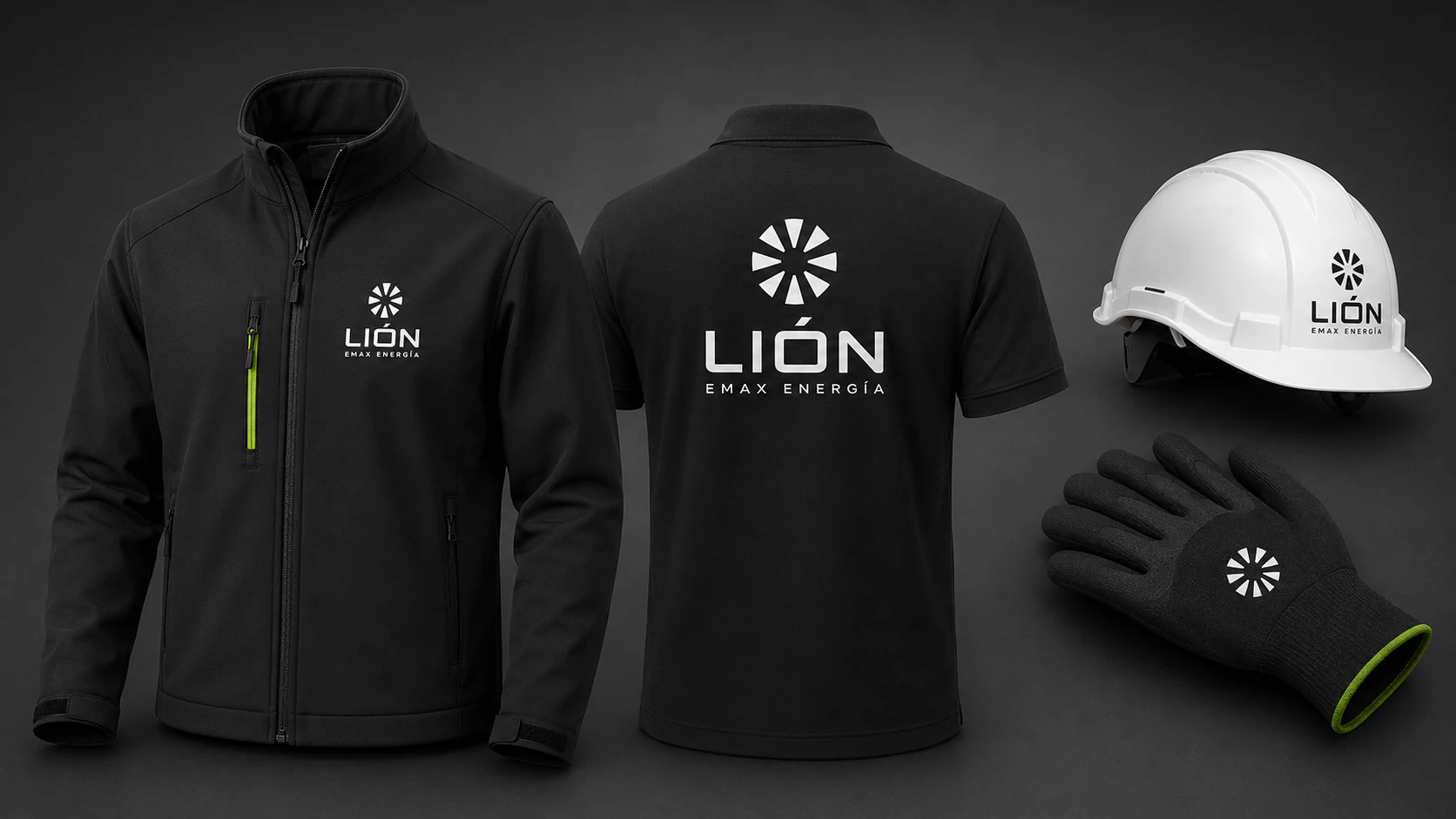 Lión Emax Energía technical workwear with jackets, helmet and gloves