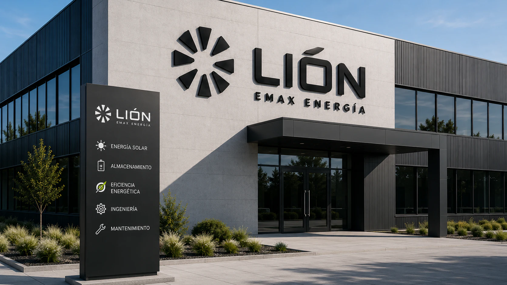 Lión Emax Energía corporate façade with exterior signage