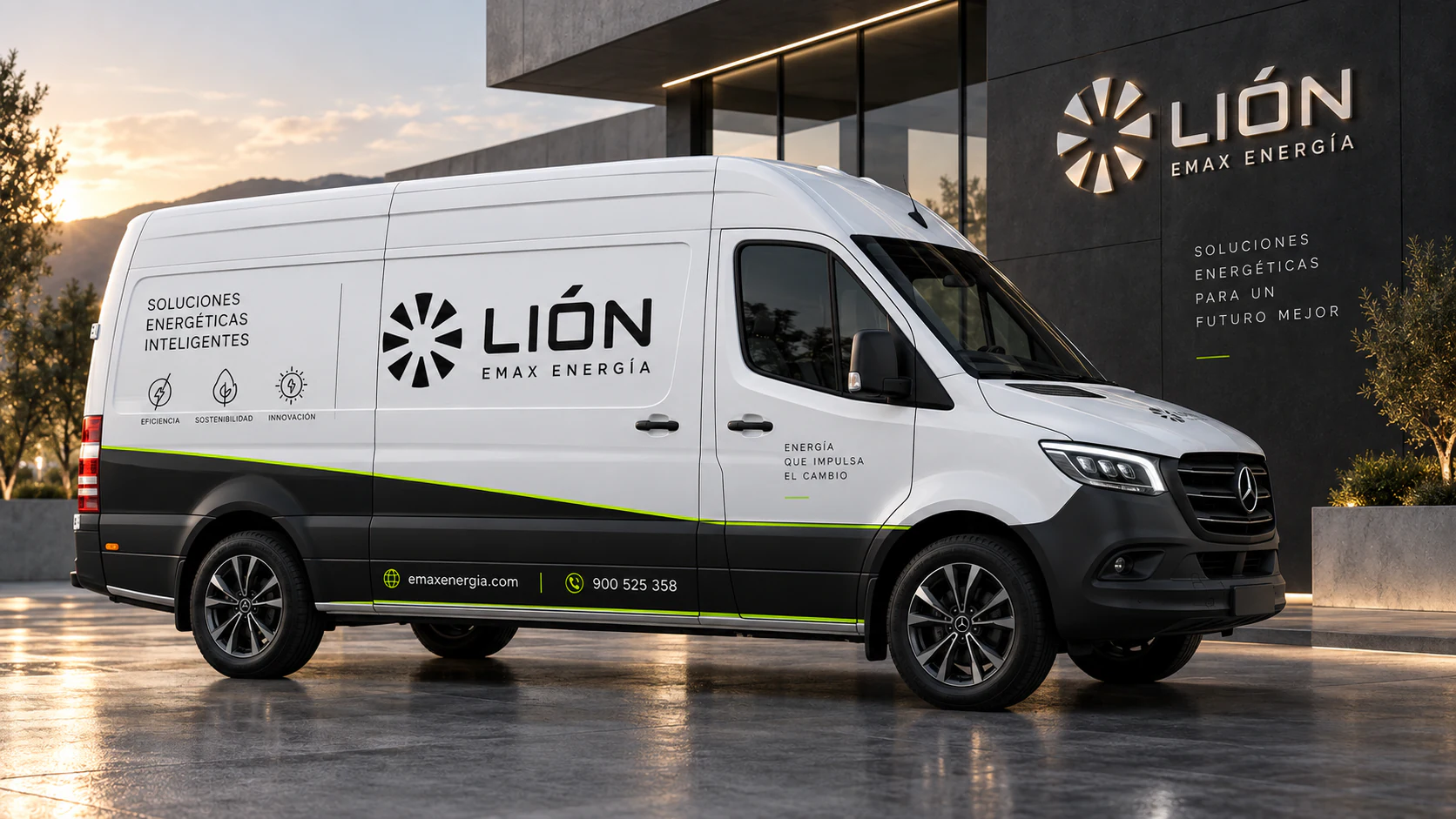 Lión Emax Energía company van with branded graphics