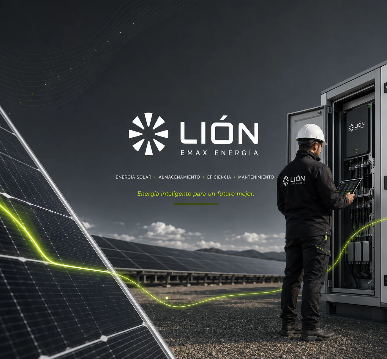 Lión Emax energy system with a technician, solar panels and storage