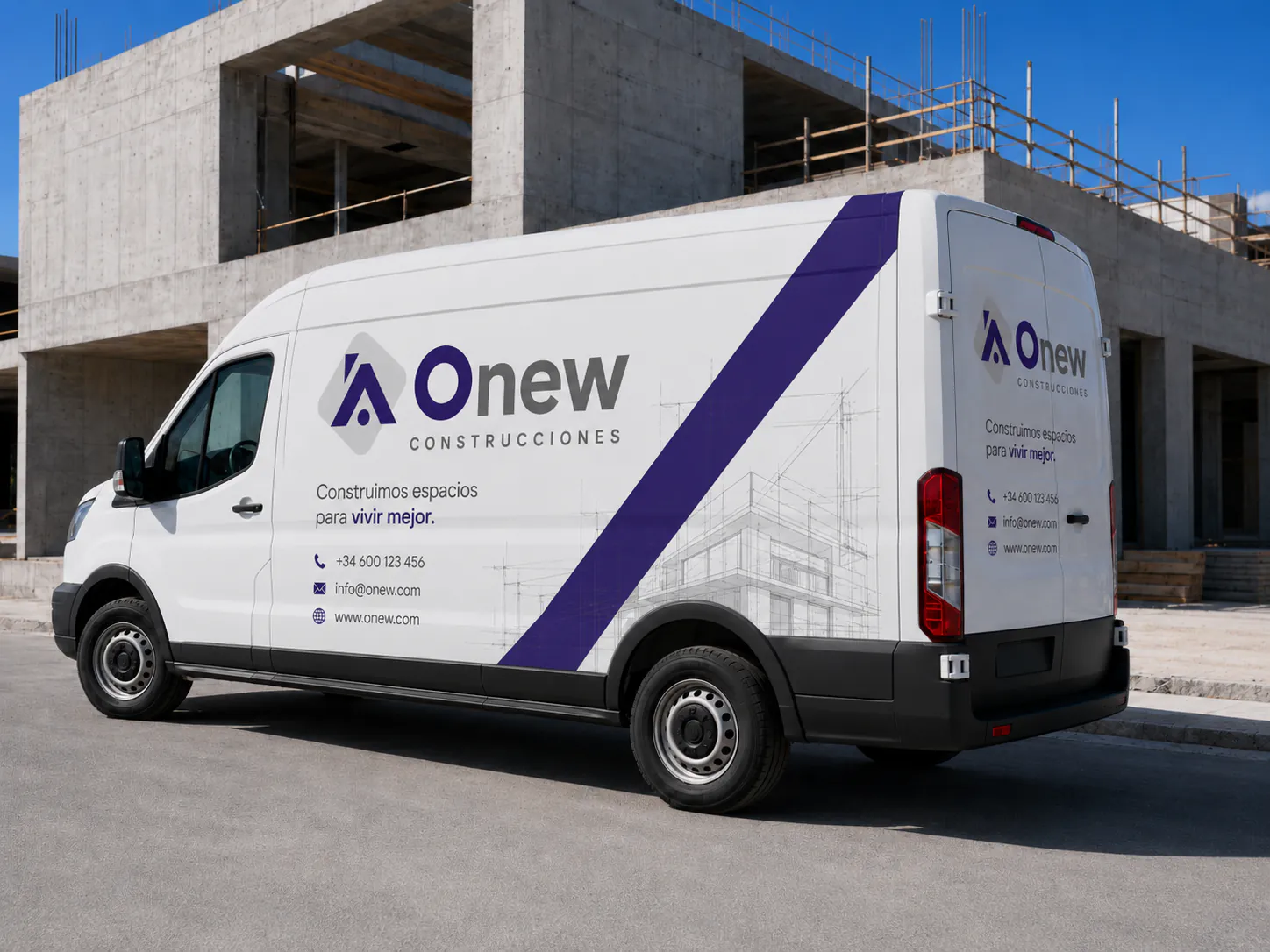 Onew Construcciones van with the visual identity applied to the vehicle