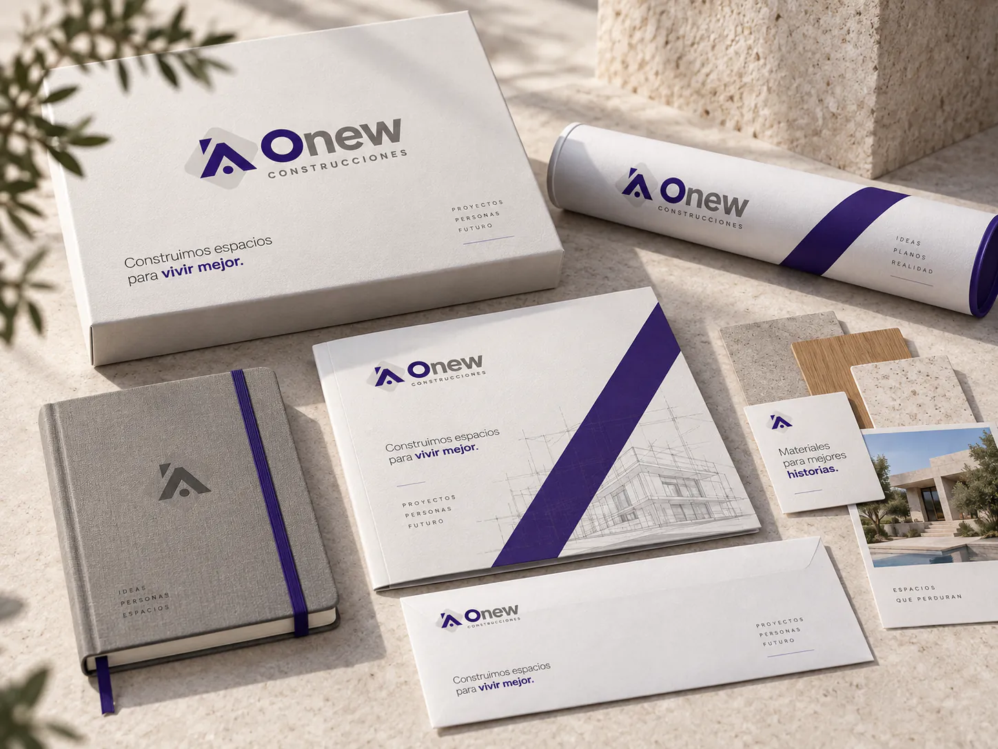 Stationery, documentation and material samples featuring the Onew Construcciones identity