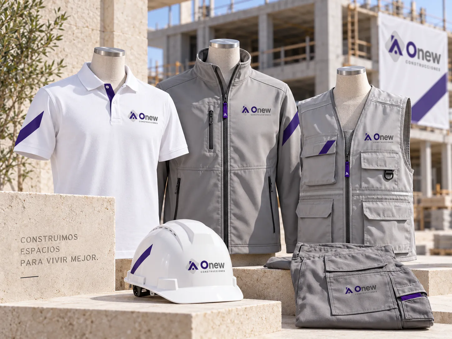 Uniforms and construction crew with the Onew Construcciones identity