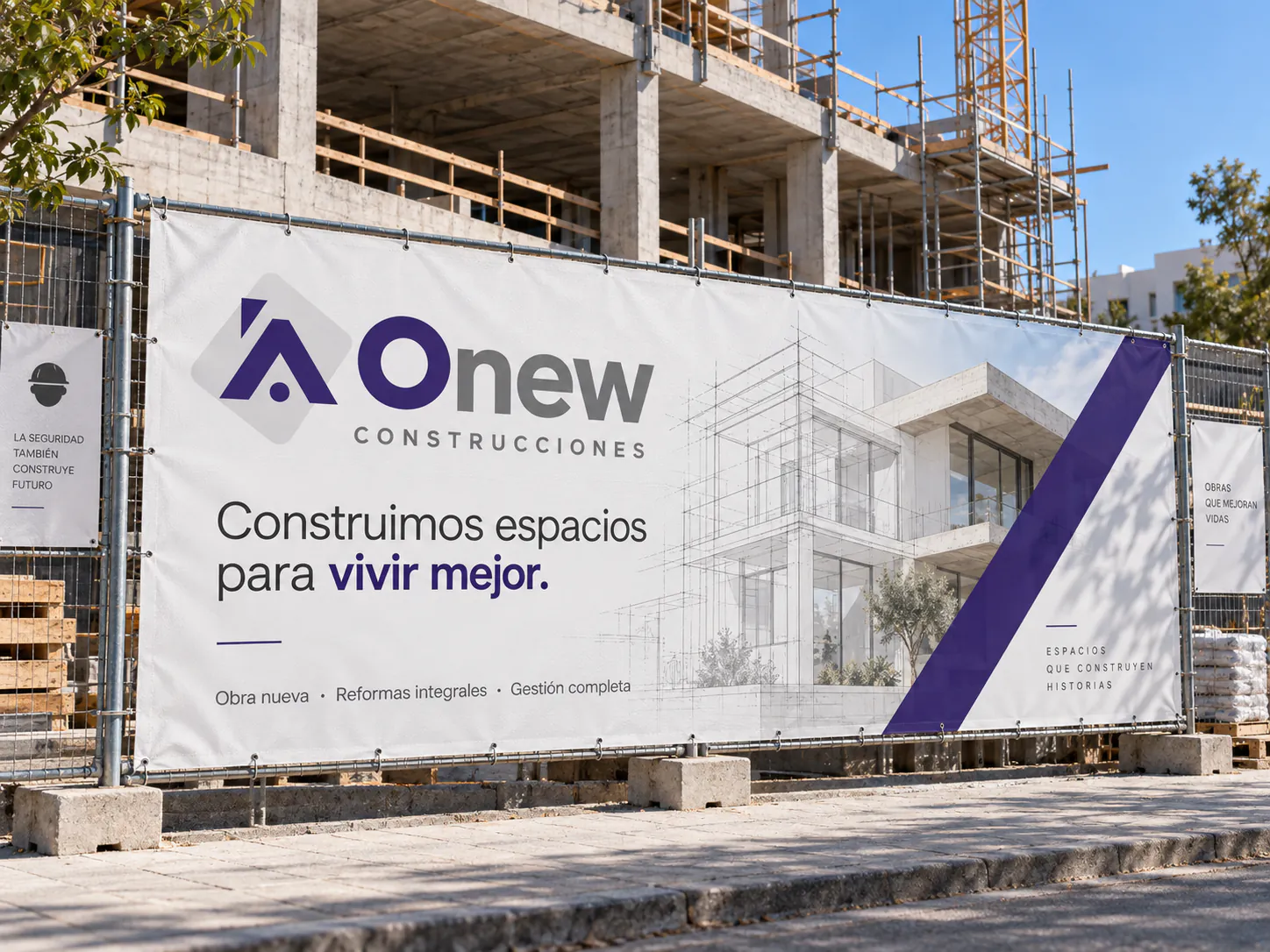 Construction hoarding with the Onew Construcciones identity