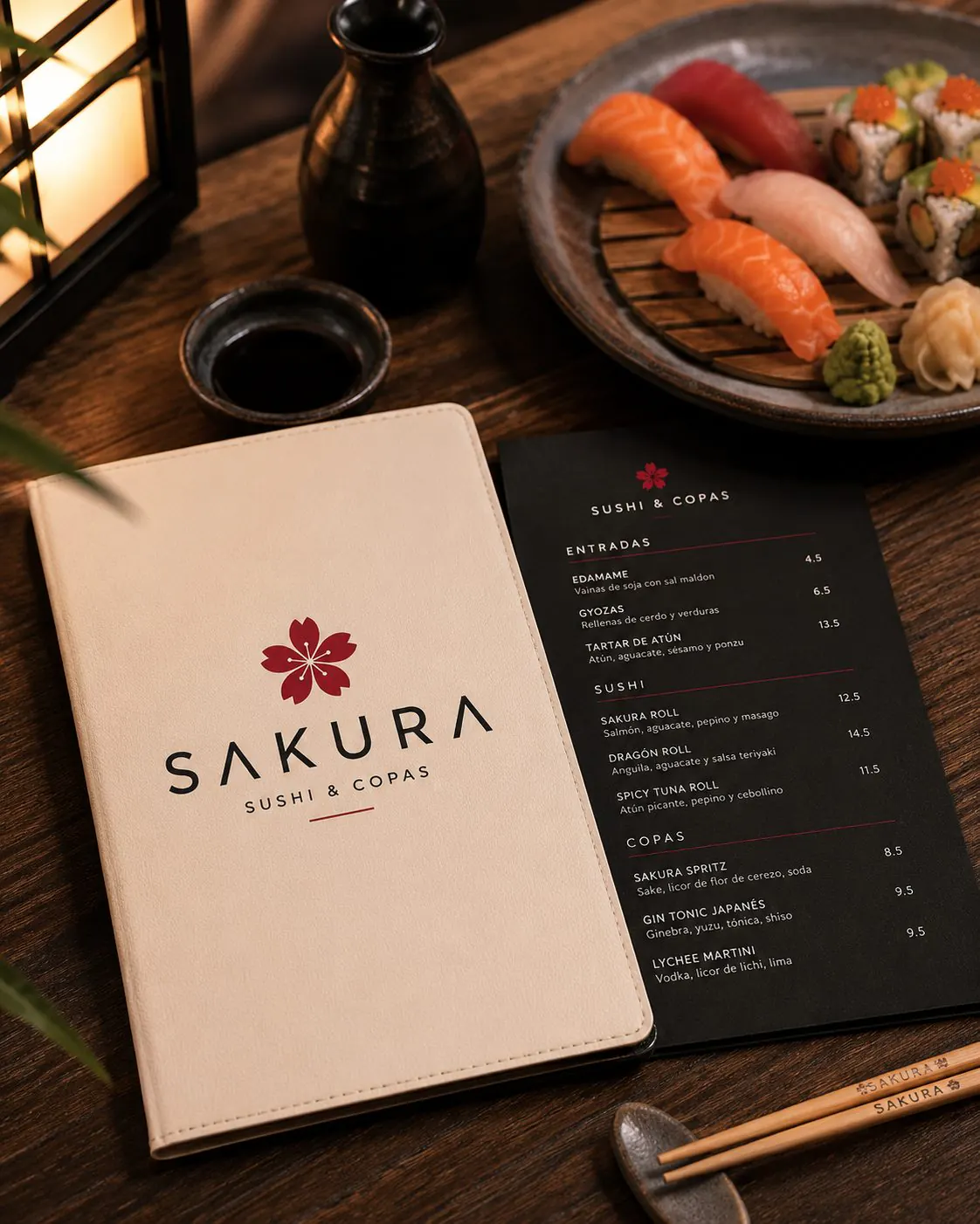Sakura sushi and drinks menu with black pages and a light cover
