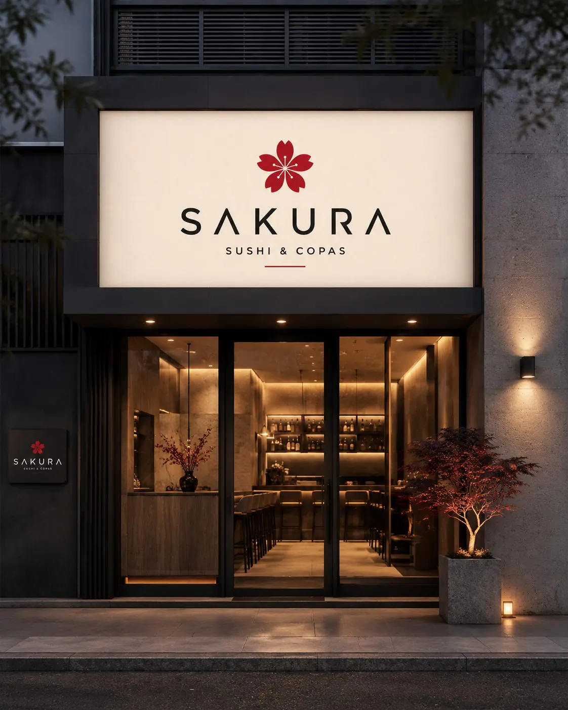 Sakura Sushi & Copas façade with illuminated signage