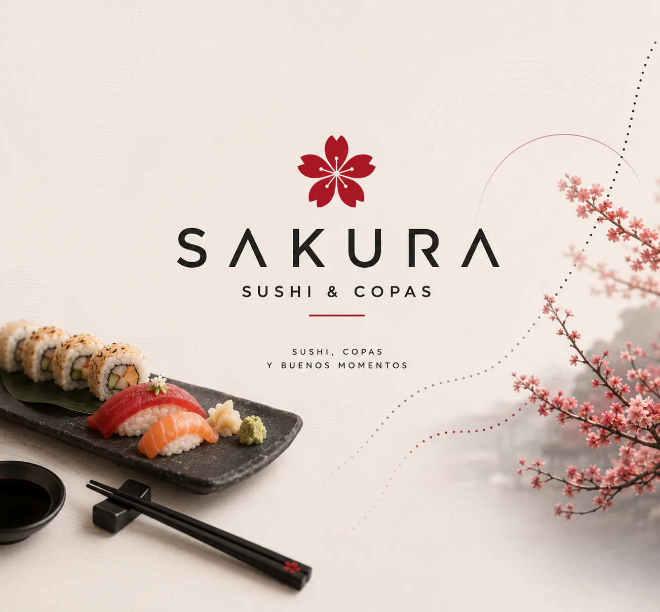 Sakura Sushi & Copas visual identity with sushi and cherry blossoms